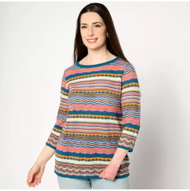 3/4 Sleeve Mixed Stretch Striped Sweater - a world of fashionable women's clothing, including a wide selection of dresses and trendy accessories.> Clearance