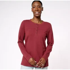 Active French Terry Round Neck Henley Pullover - a world of fashionable women's clothing, including a wide selection of dresses and trendy accessories.> Discount