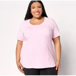 Active Jersey Scoop Neck Top with Curved Hem - a world of fashionable women's clothing, including a wide selection of dresses and trendy accessories.< Fashion