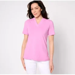Active Jersey V-Neck Short Sleeve Top w/ Shirring - a world of fashionable women's clothing, including a wide selection of dresses and trendy accessories.< Shop All