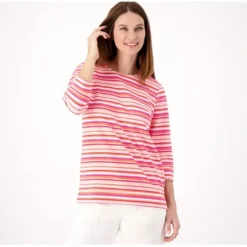 Active Striped French Terry 3/4 Sleeve Top - a world of fashionable women's clothing, including a wide selection of dresses and trendy accessories.< Fashion