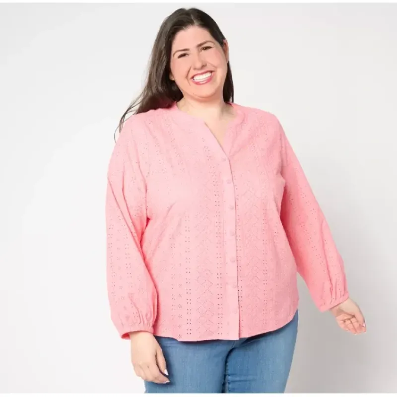 Adaptaive Cotton Eyelet Button Down Shirt - a world of fashionable women's clothing, including a wide selection of dresses and trendy accessories.< Fashion