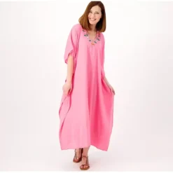 America and Beyond Embroidered V Neck Caftan - a world of fashionable women's clothing, including a wide selection of dresses and trendy accessories.< Shop All