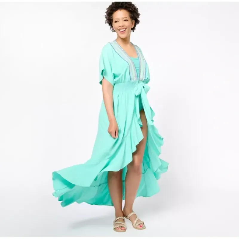 America Beyond Embroidered Tie Waist Caftan - a world of fashionable women's clothing, including a wide selection of dresses and trendy accessories.> New
