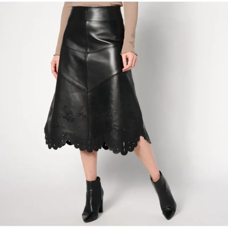 American Leather Co. Petite Leather Midi Skirt with Scalloped Hem - a world of fashionable women's clothing, including a wide selection of dresses and trendy accessories.> Clearance