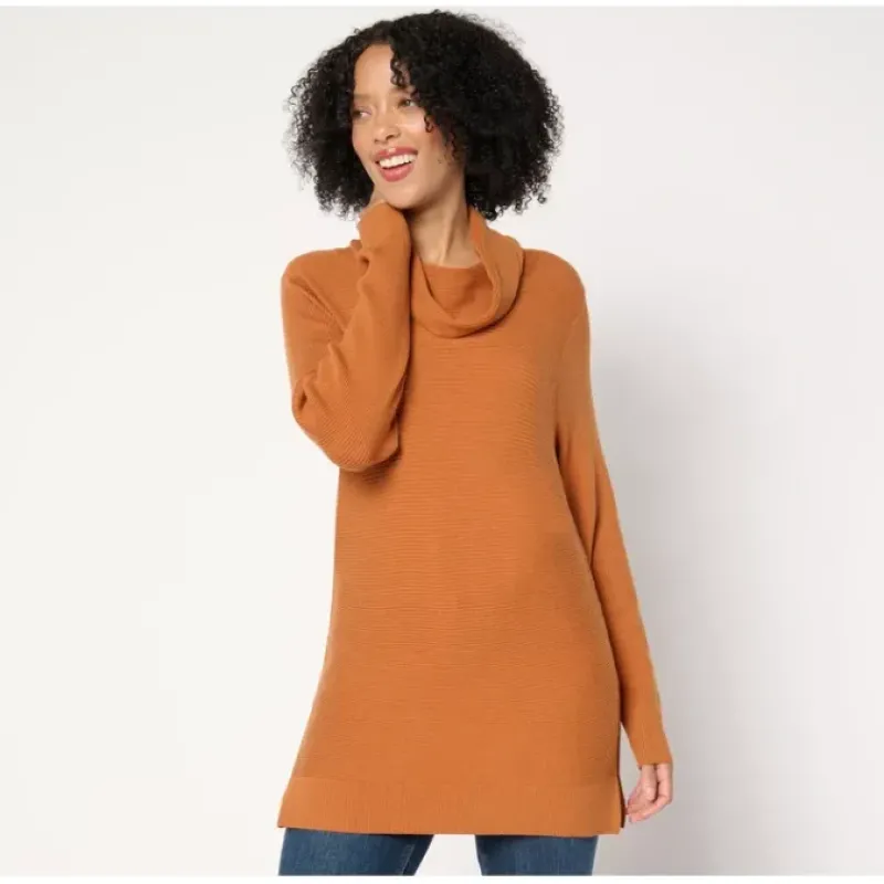 AnyBody Brushed Rib Cowl Neck Sweater Cut Out Hem - a world of fashionable women's clothing, including a wide selection of dresses and trendy accessories.< Shop All