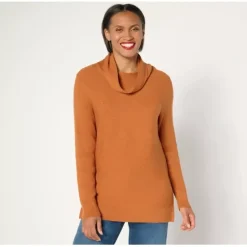 AnyBody Brushed Rib Cowl Neck Sweater with Side Slits - a world of fashionable women's clothing, including a wide selection of dresses and trendy accessories.< Shop All