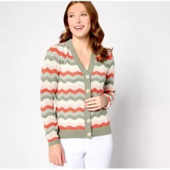 AnyBody Chevron Stitch Button Front Puff Sleeve Sweater - a world of fashionable women's clothing, including a wide selection of dresses and trendy accessories.< Shop All