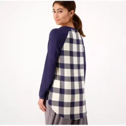 AnyBody Cozy Knit Luxe Tunic Top with Plaid Printed Back - a world of fashionable women's clothing, including a wide selection of dresses and trendy accessories.< Shop All