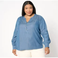 AnyBody Drapey Denim Henley Top - a world of fashionable women's clothing, including a wide selection of dresses and trendy accessories.< Shop All