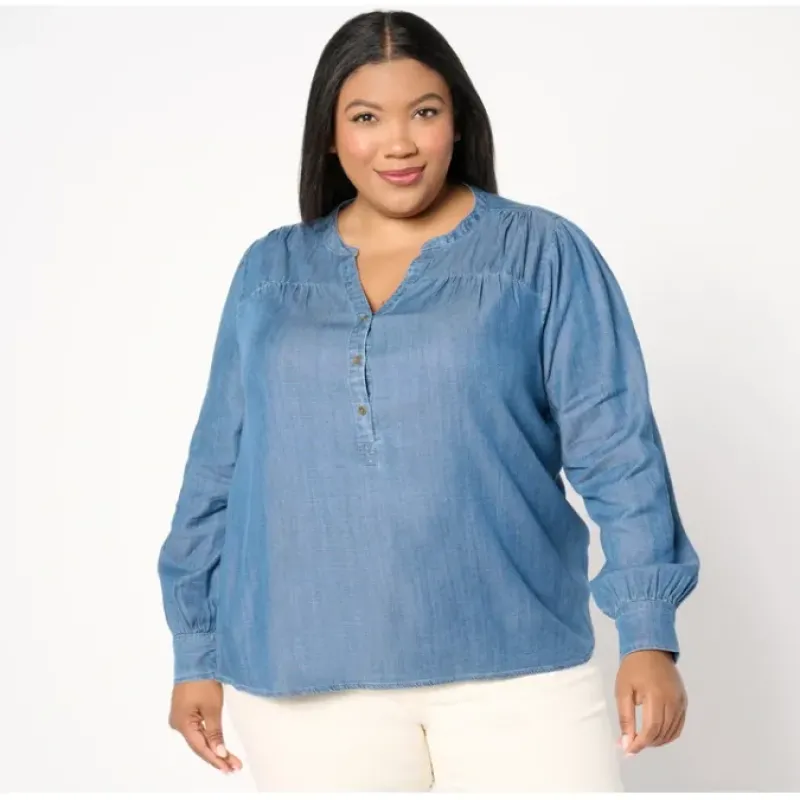 AnyBody Drapey Denim Henley Top - a world of fashionable women's clothing, including a wide selection of dresses and trendy accessories.< Shop All