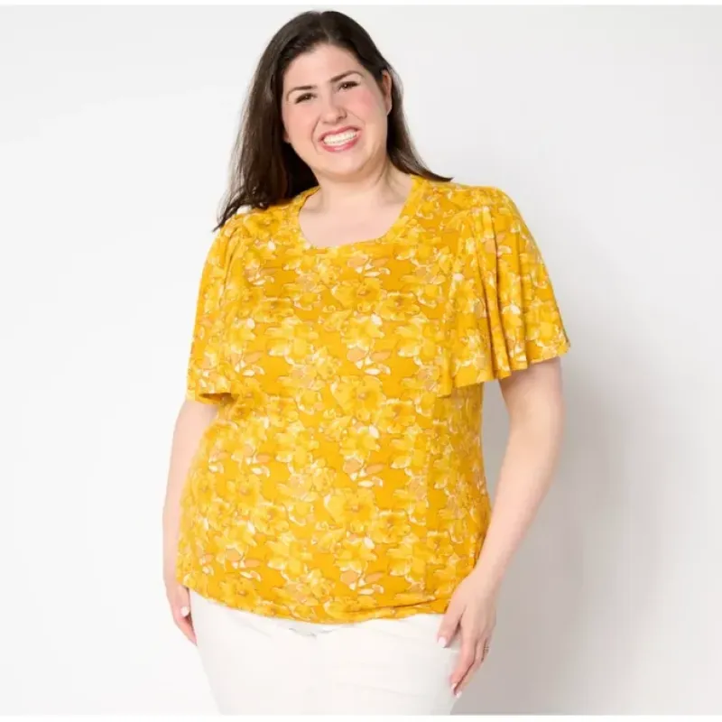 AnyBody Floral Printed Flutter Sleeve Slub Knit Top - a world of fashionable women's clothing, including a wide selection of dresses and trendy accessories.< Shop All