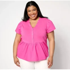 AnyBody Flutter Sleeve Knit Woven Henley Top - a world of fashionable women's clothing, including a wide selection of dresses and trendy accessories.< Shop All