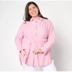 AnyBody Long Sleeve Button Front Woven Tunic with Tie Waist - a world of fashionable women's clothing, including a wide selection of dresses and trendy accessories.< Shop All