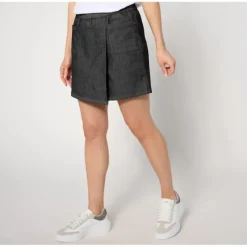AnyBody Petite Faux Wrap Pull-On Denim Skort - a world of fashionable women's clothing, including a wide selection of dresses and trendy accessories.> Outlet
