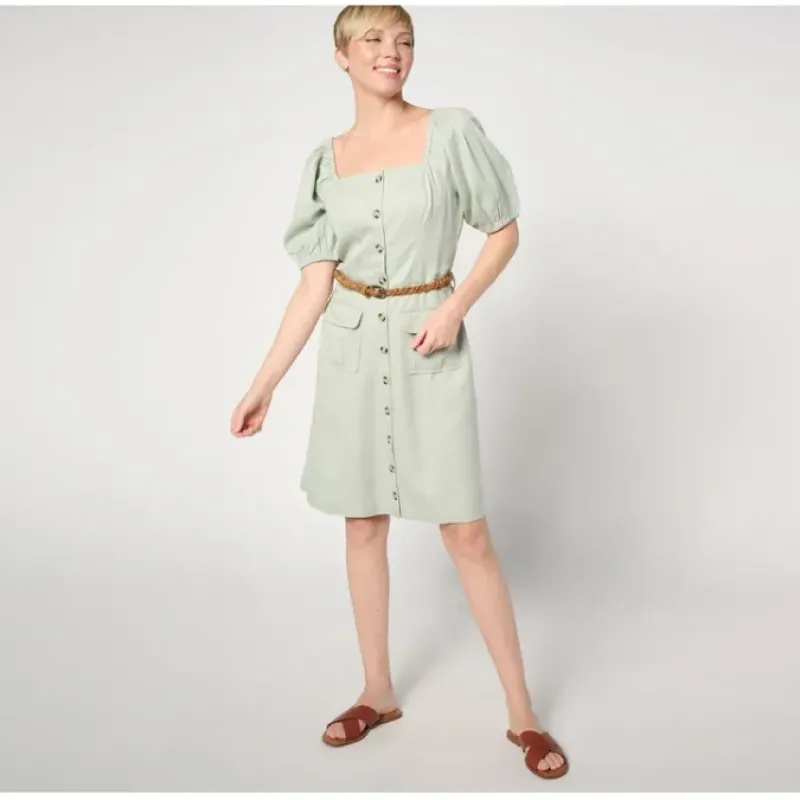 AnyBody Petite Sueded Twill Puff Sleeve Belted Cargo Dress - a world of fashionable women's clothing, including a wide selection of dresses and trendy accessories.< Dresses