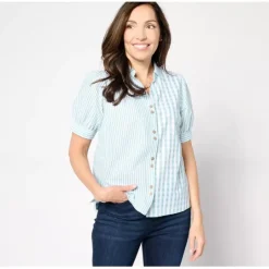 AnyBody Puff Sleeve Collar Shirt with Step Hem - a world of fashionable women's clothing, including a wide selection of dresses and trendy accessories.< Shop All