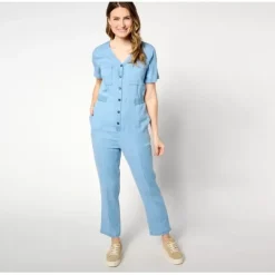AnyBody Regular Drapey Denim Button- Front Jumpsuit - a world of fashionable women's clothing, including a wide selection of dresses and trendy accessories.< Shop All