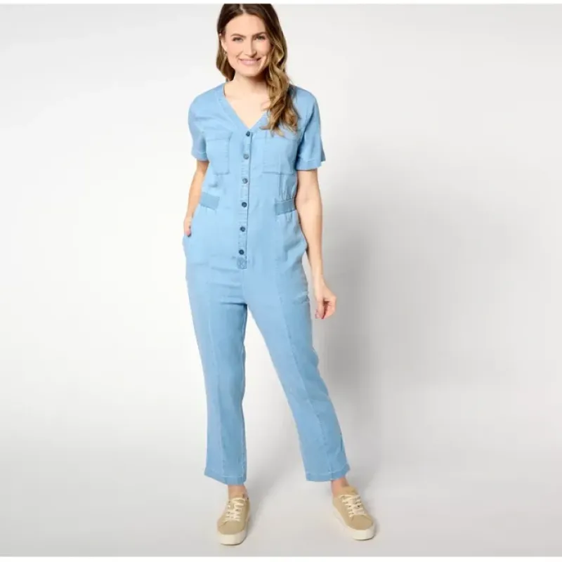 AnyBody Regular Drapey Denim Button- Front Jumpsuit - a world of fashionable women's clothing, including a wide selection of dresses and trendy accessories.< Shop All