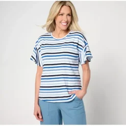 AnyBody Short Flutter Sleeve Striped Knit T-Shirt - a world of fashionable women's clothing, including a wide selection of dresses and trendy accessories.< Fashion