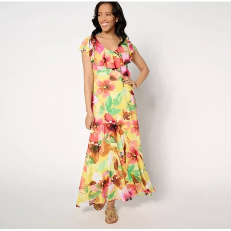 Attitudes by Renee Petite Mesh Ruffle Maxi Dress - a world of fashionable women's clothing, including a wide selection of dresses and trendy accessories.< Dresses