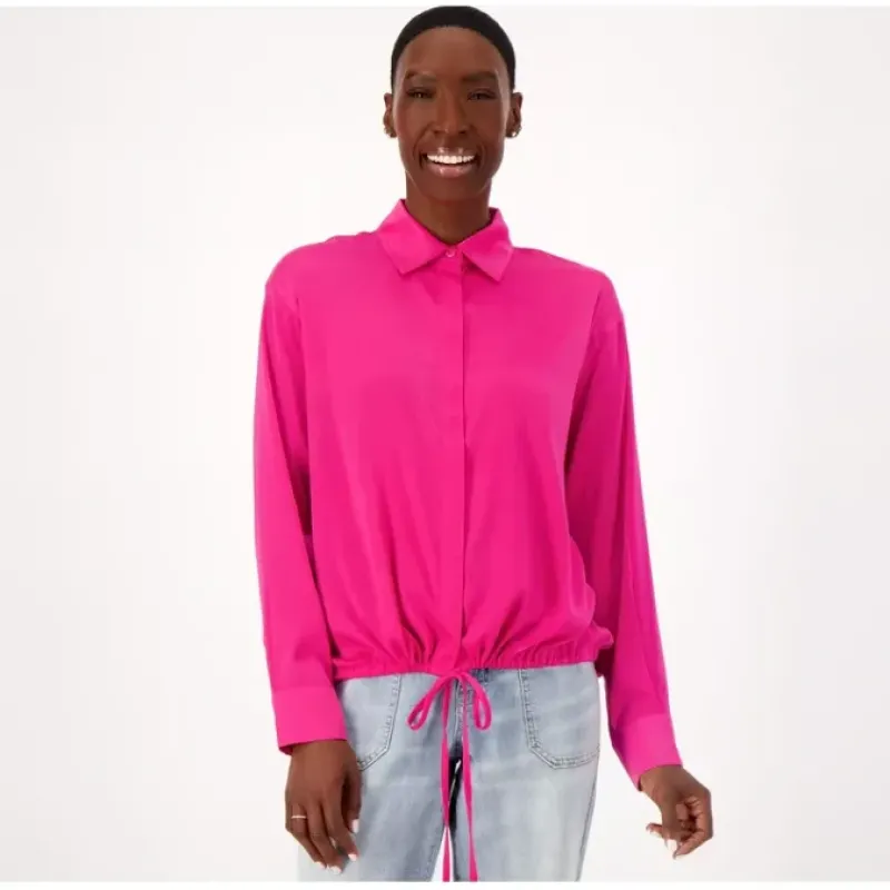 Attitudes by Renee Silky Satin Shirred Drape Shirt - a world of fashionable women's clothing, including a wide selection of dresses and trendy accessories.< Dresses