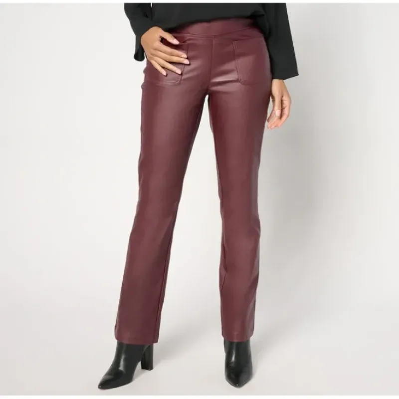 Belle by Kim Gravel Petite Rebelleious Coated Twill Baby Boot Pant - a world of fashionable women's clothing, including a wide selection of dresses and trendy accessories.> New