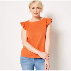 Candace Cameron Bure Breezy Cotton Ruffle Shoulder Top - a world of fashionable women's clothing, including a wide selection of dresses and trendy accessories.> Clearance