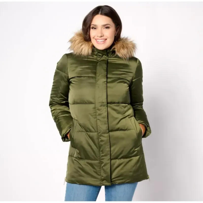 Dennis Basso Quilted Puffer Coat with Detachable Faux Fur Trim - a world of fashionable women's clothing, including a wide selection of dresses and trendy accessories.> Best Sale