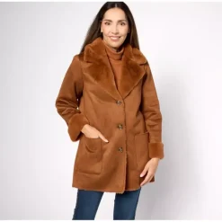 Dennis Basso Suede to Faux Fur Coat with Notch Collar - a world of fashionable women's clothing, including a wide selection of dresses and trendy accessories.> Cheap