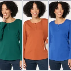 Essentials Perfect Jersey 3-Pack Long Sleeve Henleys - a world of fashionable women's clothing, including a wide selection of dresses and trendy accessories.< Fashion