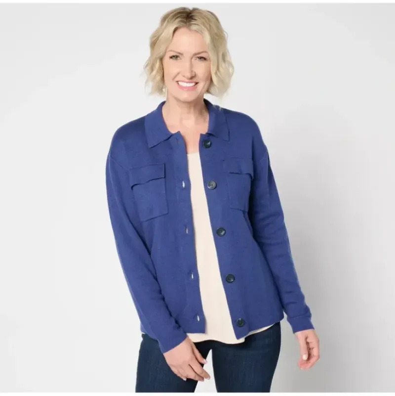 Isaac Mizrahi Live! Button Front Sweater Jacket with Collar - a world of fashionable women's clothing, including a wide selection of dresses and trendy accessories.> Best Sale