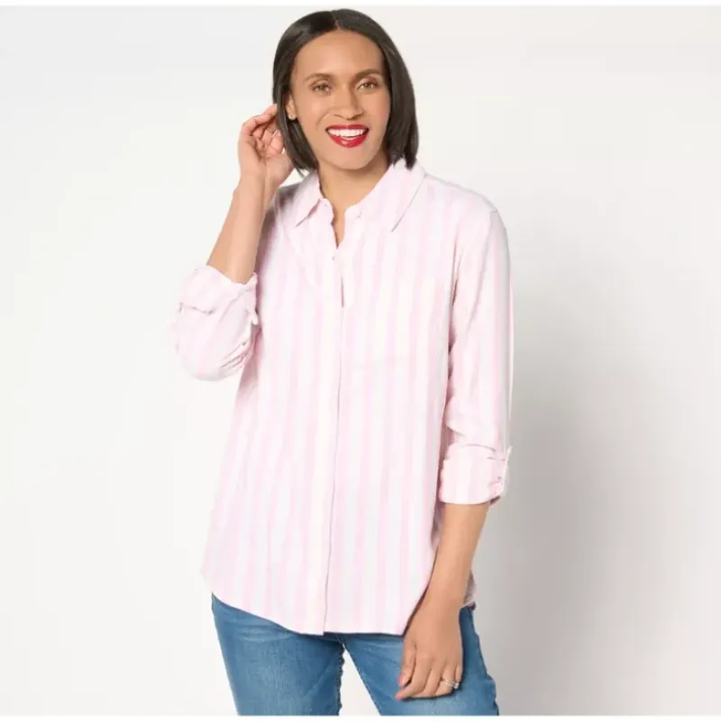 Isaac Mizrahi Live! Petite Striped Button Front Linen Blend Shirt - a world of fashionable women's clothing, including a wide selection of dresses and trendy accessories.> Fashion