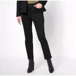 Isaac Mizrahi Live! Petite Black True Denim Rhinestone Jean - a world of fashionable women's clothing, including a wide selection of dresses and trendy accessories.> Flash Sale