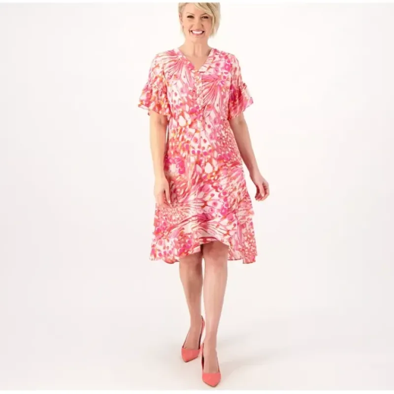 Isaac Mizrahi Live Petite Printed Crepe Midi Dress w/Ruffle - a world of fashionable women's clothing, including a wide selection of dresses and trendy accessories.< Dresses
