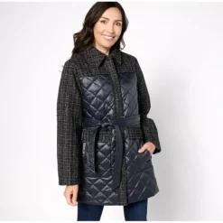 Isaac Mizrahi Live! Quilted Belted Coat with Tweed Accents - a world of fashionable women's clothing, including a wide selection of dresses and trendy accessories.> Cheap