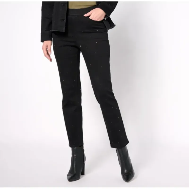 Isaac Mizrahi Live! Regular Black True Denim Rhinestone Jean - a world of fashionable women's clothing, including a wide selection of dresses and trendy accessories.> Best Sale