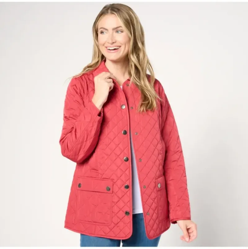 Joan Rivers Quilted Barn Coat with Plaid Lining - a world of fashionable women's clothing, including a wide selection of dresses and trendy accessories.> Clearance