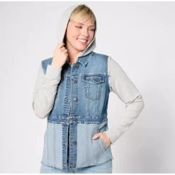 LOGO by Lori Goldstein Denim Jacket With French Terry Sleeves - a world of fashionable women's clothing, including a wide selection of dresses and trendy accessories.> Sale