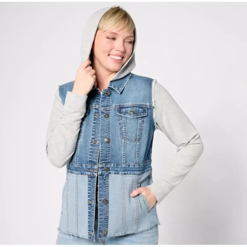 LOGO by Lori Goldstein Denim Jacket With French Terry Sleeves - a world of fashionable women's clothing, including a wide selection of dresses and trendy accessories.> Sale
