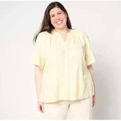 Naturals Linen Blend Elbow Sleeve Printed Blouse - a world of fashionable women's clothing, including a wide selection of dresses and trendy accessories.< Fashion