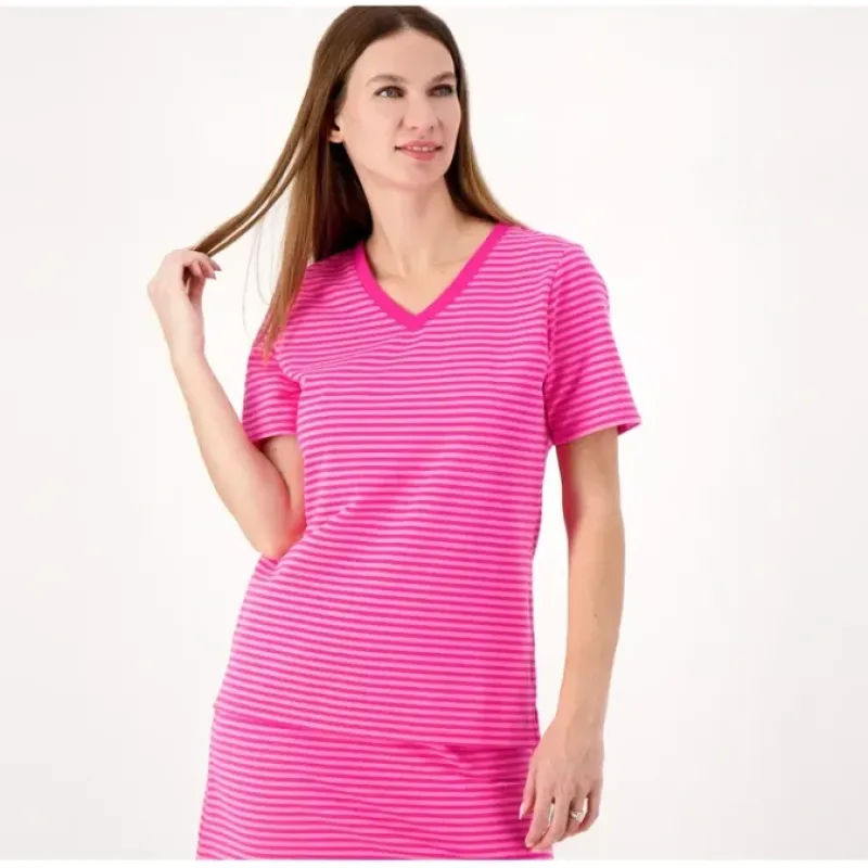 Sport Savvy French Terry Stripe V-Neck Short Sleeve Tee - a world of fashionable women's clothing, including a wide selection of dresses and trendy accessories.< Fashion
