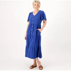 Susan Graver Pet Pure Linen Blend Tiered Button- Front Midi - a world of fashionable women's clothing, including a wide selection of dresses and trendy accessories.< Dresses