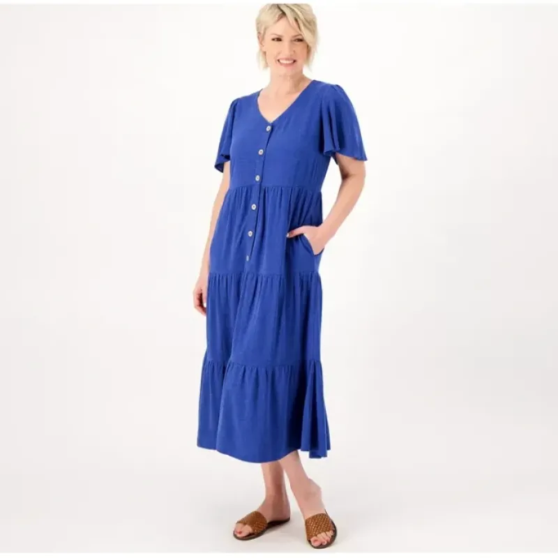 Susan Graver Pet Pure Linen Blend Tiered Button- Front Midi - a world of fashionable women's clothing, including a wide selection of dresses and trendy accessories.< Dresses