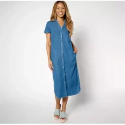Susan Graver Petite Chambray Midi Shirt Dress - a world of fashionable women's clothing, including a wide selection of dresses and trendy accessories.< Dresses