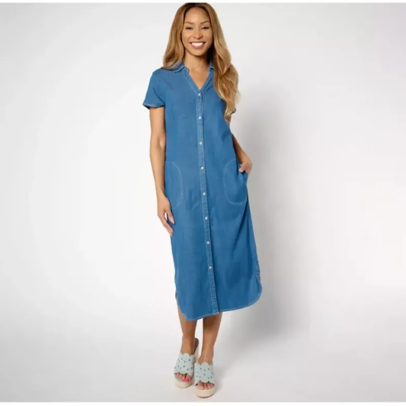 Susan Graver Petite Chambray Midi Shirt Dress - a world of fashionable women's clothing, including a wide selection of dresses and trendy accessories.< Dresses