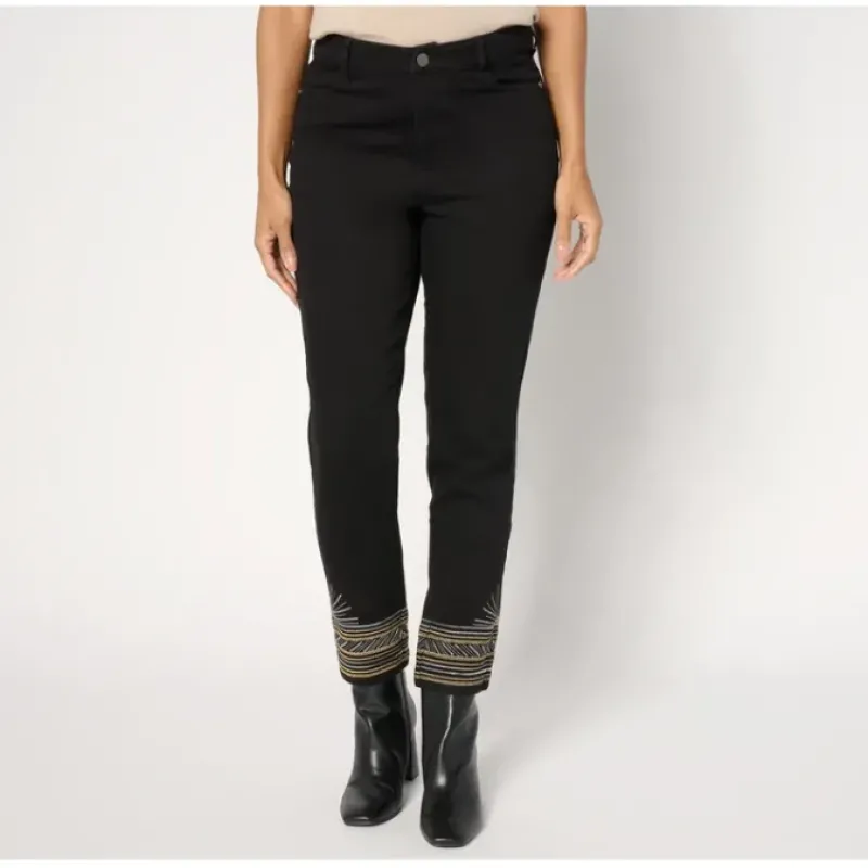 Susan Graver Petite Embellished Hem Straight Leg Jean - Black - a world of fashionable women's clothing, including a wide selection of dresses and trendy accessories.< Dresses