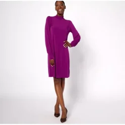 Susan Graver Petite Liquid Knit Long Sleeve Mock Neck Dress - a world of fashionable women's clothing, including a wide selection of dresses and trendy accessories.< Dresses