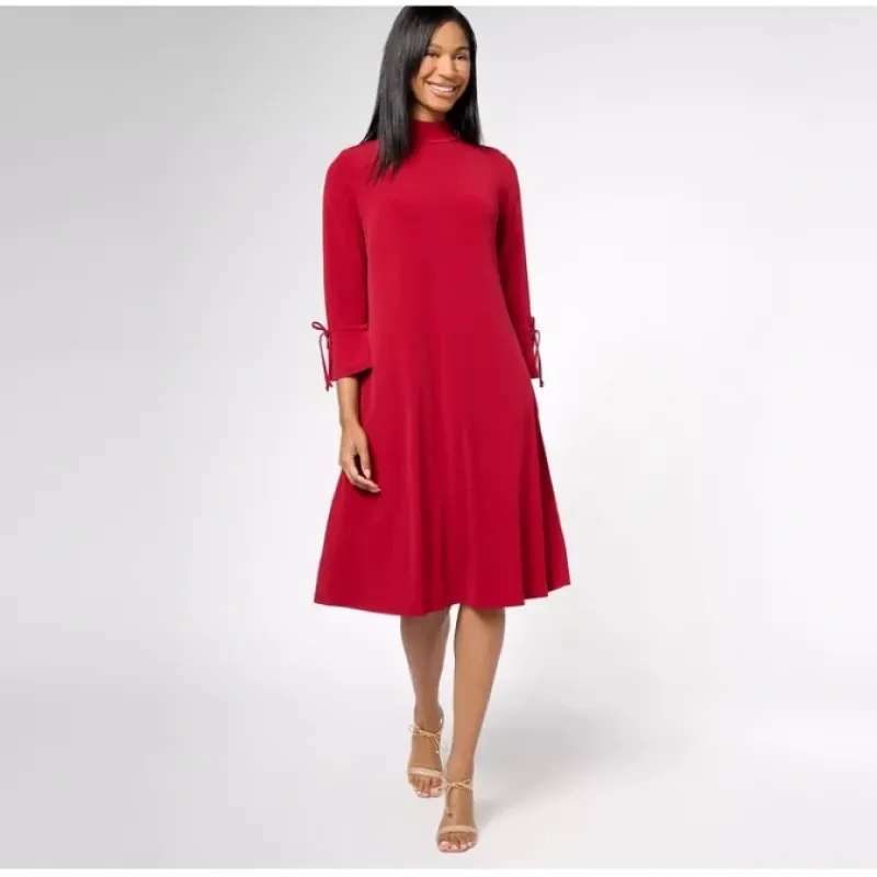 Susan Graver Petite Liquid Knit Mock-Neck Midi Dress with Tie Sleeves - a world of fashionable women's clothing, including a wide selection of dresses and trendy accessories.< Dresses