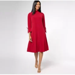 Susan Graver Petite Liquid Knit Mock Neck Midi Dress w/ Tie - a world of fashionable women's clothing, including a wide selection of dresses and trendy accessories.< Dresses